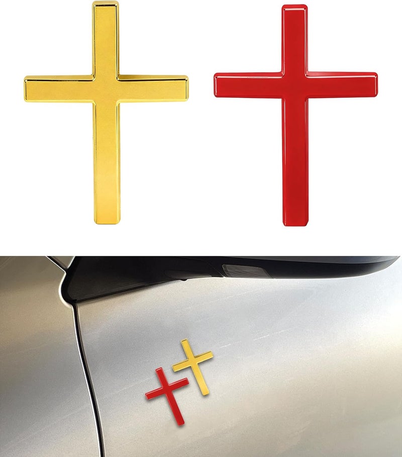 SCUARI 2PCS 3D Cross Stickers,Car Accessories Decals for Vehicles,Self Adhesive Cross Metal Car Emblem,2.5"×1.8" Cross Jesus Automotive Decal,Suitable for Trunk Tailgate Side Decoration (Gold&Red) - Image 1